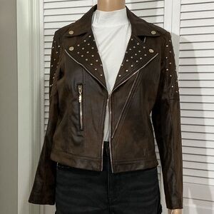 LG Dark Brown Studded Leather Moto Jacket